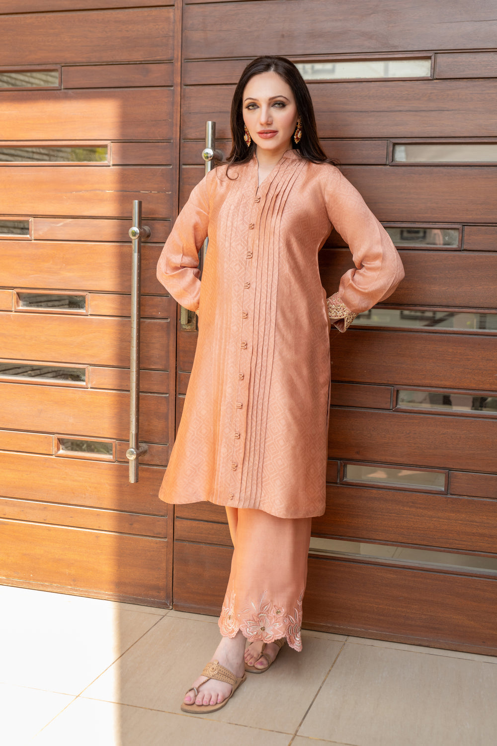 Wahaj M Khan | The Print Story | Salmon Peach Sheesha Outfit
