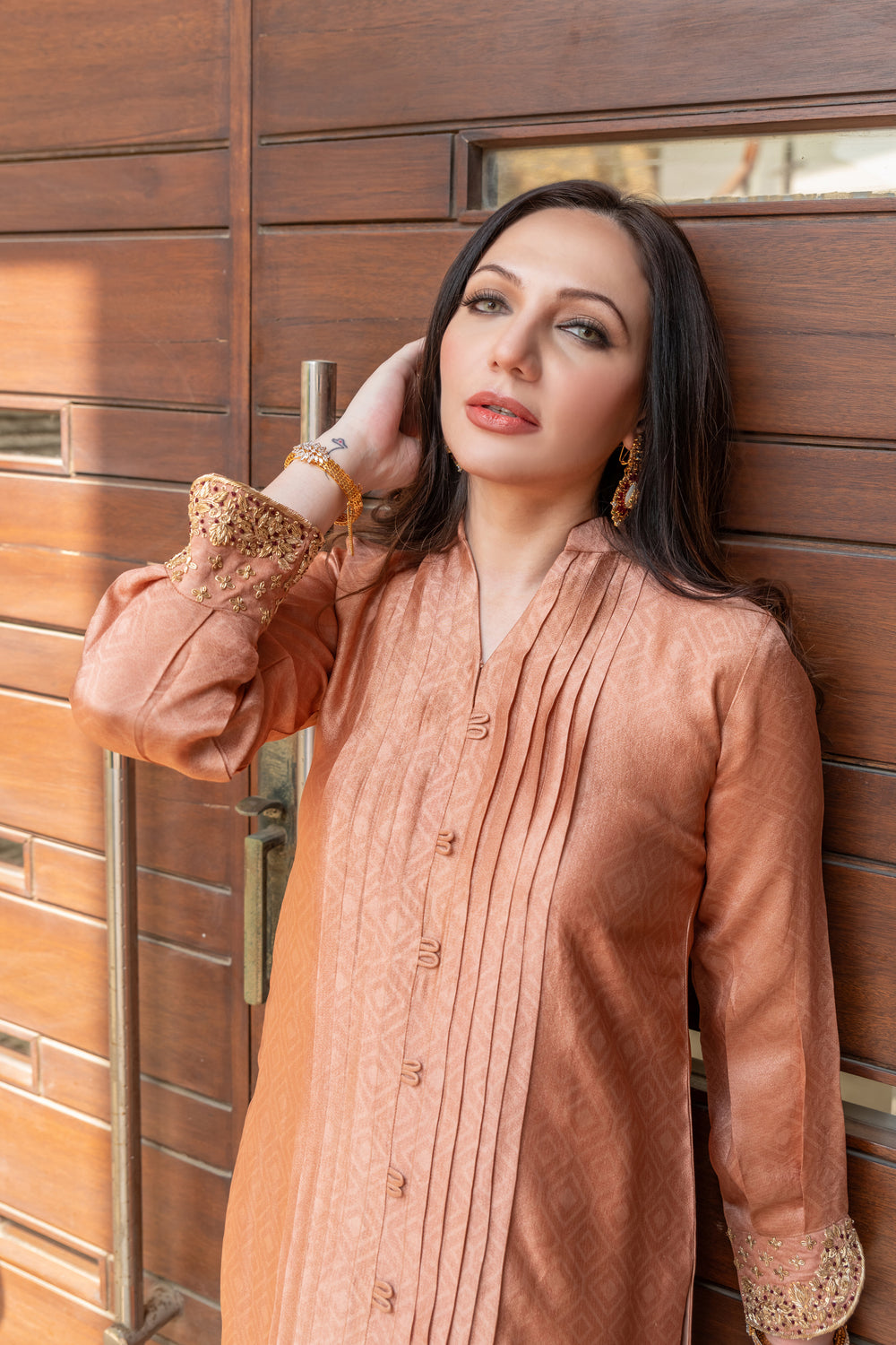 Wahaj M Khan | The Print Story | Salmon Peach Sheesha Outfit