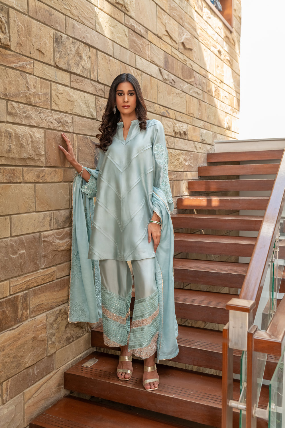Wahaj M Khan | The Print Story | Grey Blue Sheesha Outfit