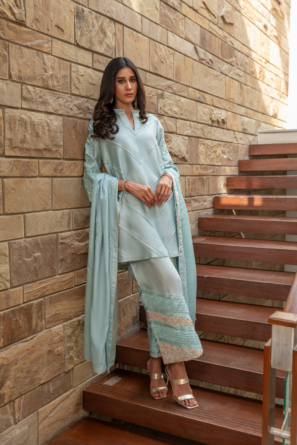 Wahaj M Khan | The Print Story | Grey Blue Sheesha Outfit