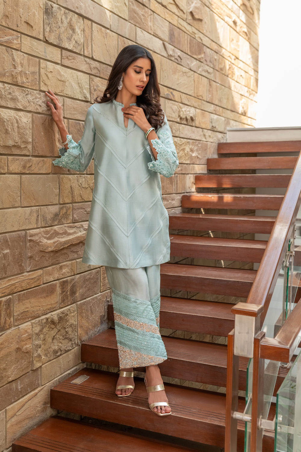 Wahaj M Khan | The Print Story | Grey Blue Sheesha Outfit