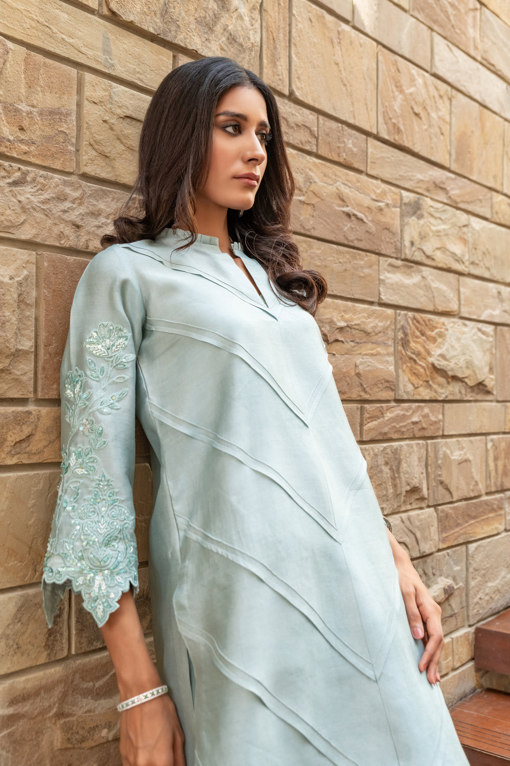 Wahaj M Khan | The Print Story | Grey Blue Sheesha Outfit