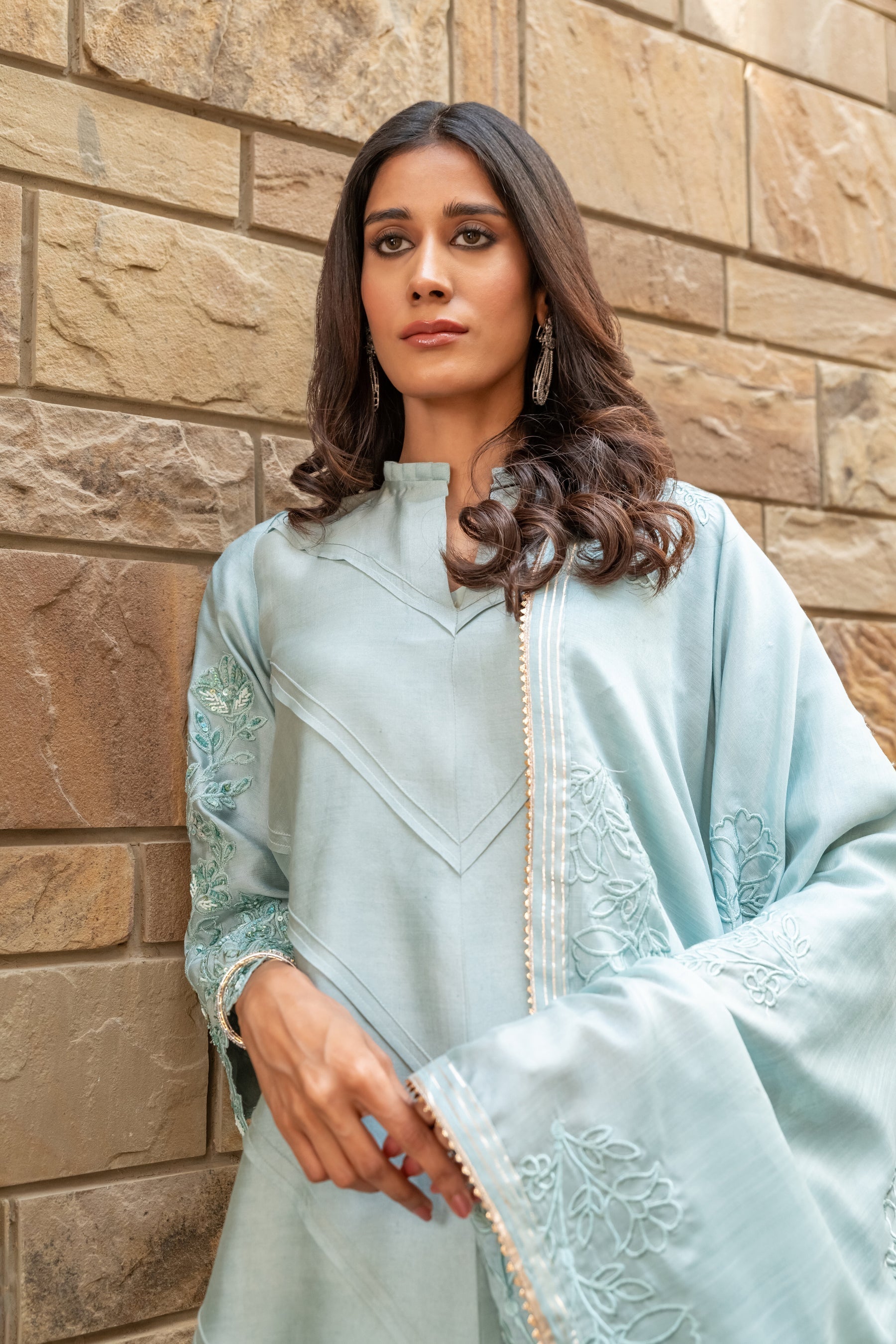 Wahaj M Khan | The Print Story | Grey Blue Sheesha Outfit