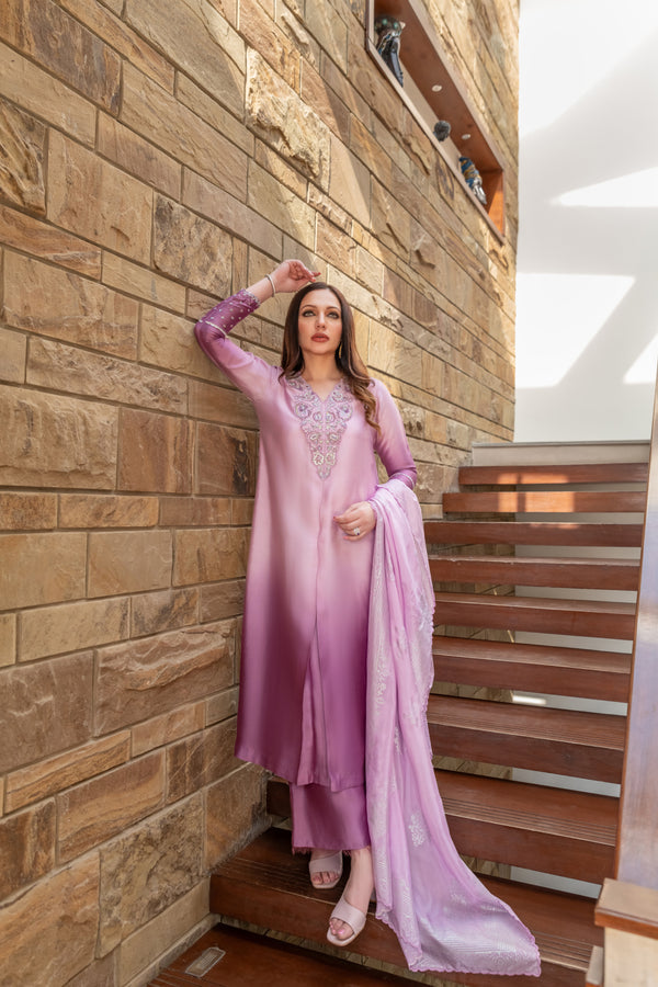 Wahaj M Khan | The Print Story | Purple Shaded Sheesha Outfit