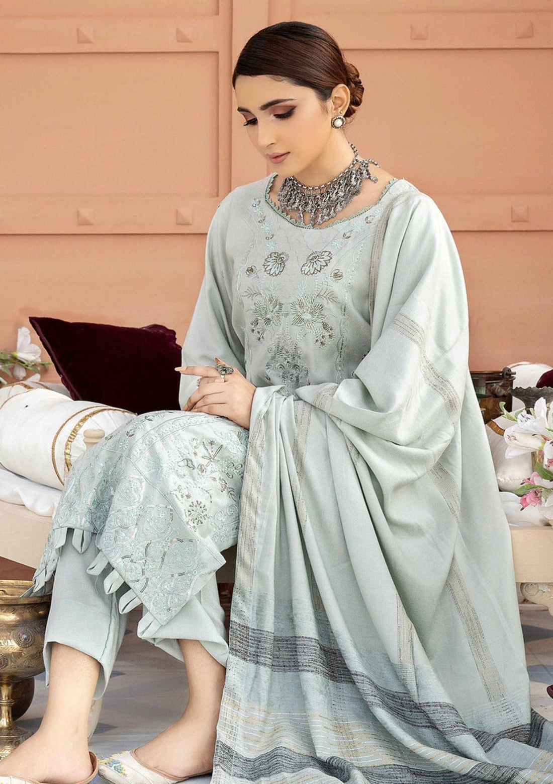 Winter Collection - Tehzeeb - Peach Leather - Velvet Jacquard Shawl - TL#59