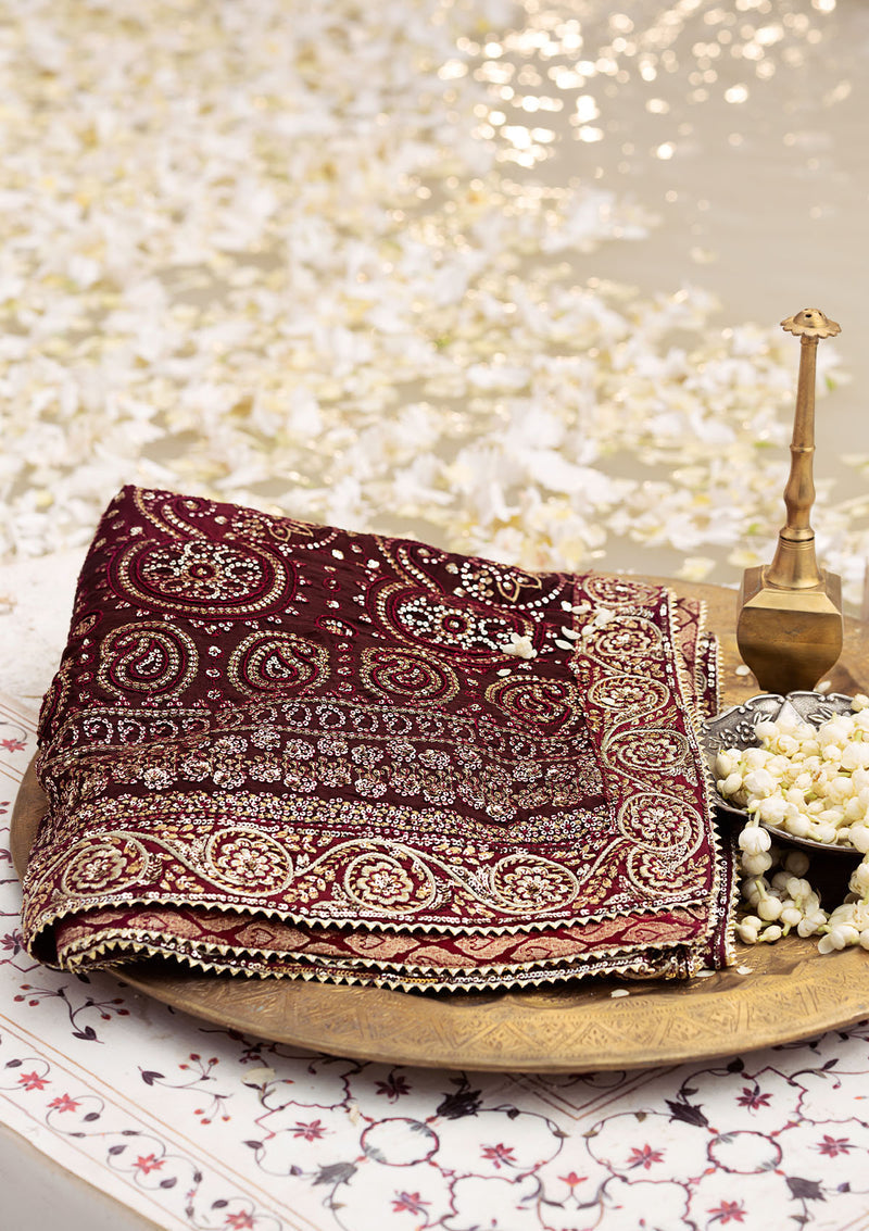 Aik Atelier | MAROON TUSSAR SILK CHUNRI SHAWL - Official Aik Atelier - Agha Fabrics UK