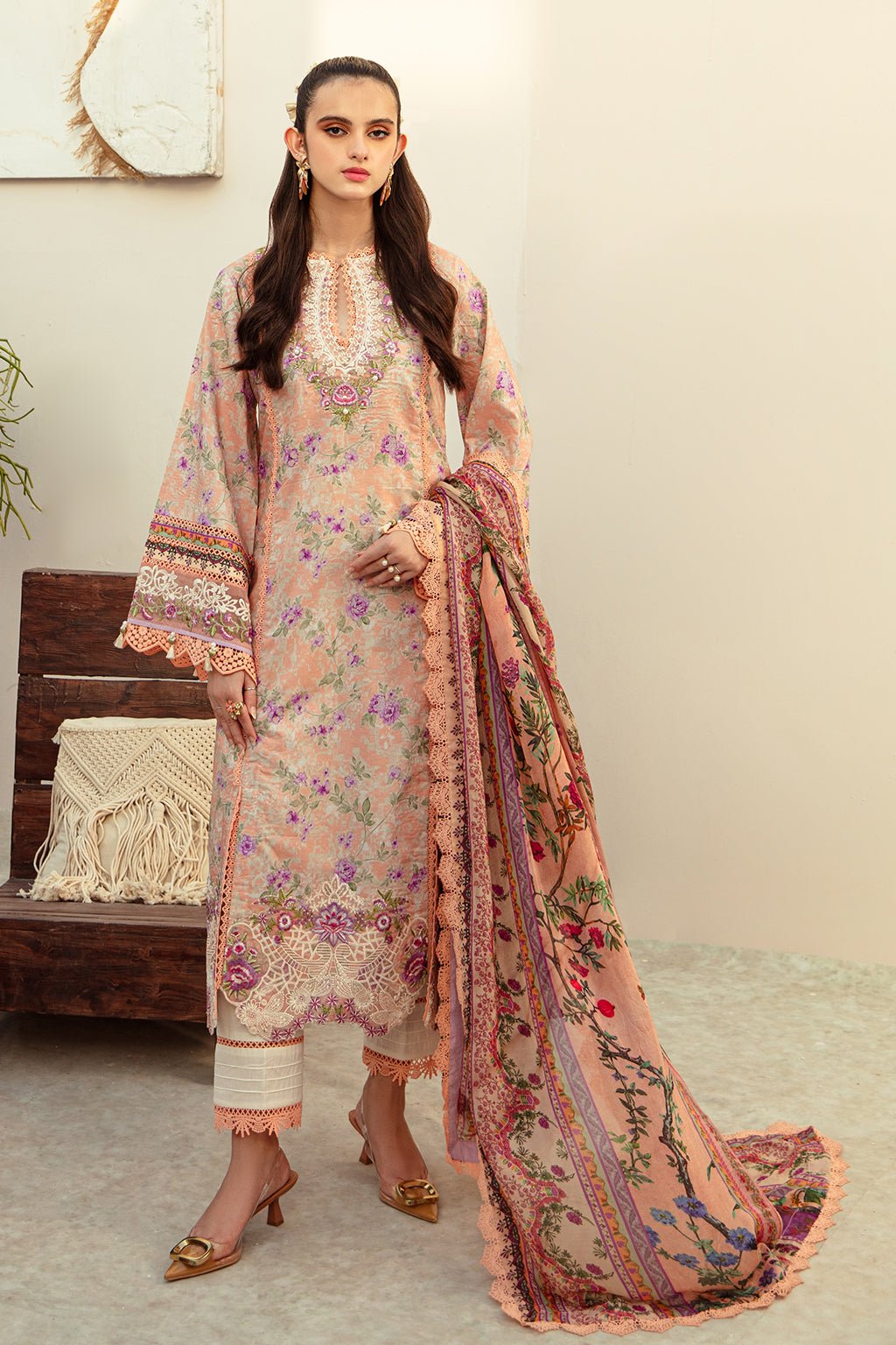 AJR Couture | Alif Affordable Lawn 24 | CORAL BLUSH - Official AJR Couture - Agha Fabrics UK