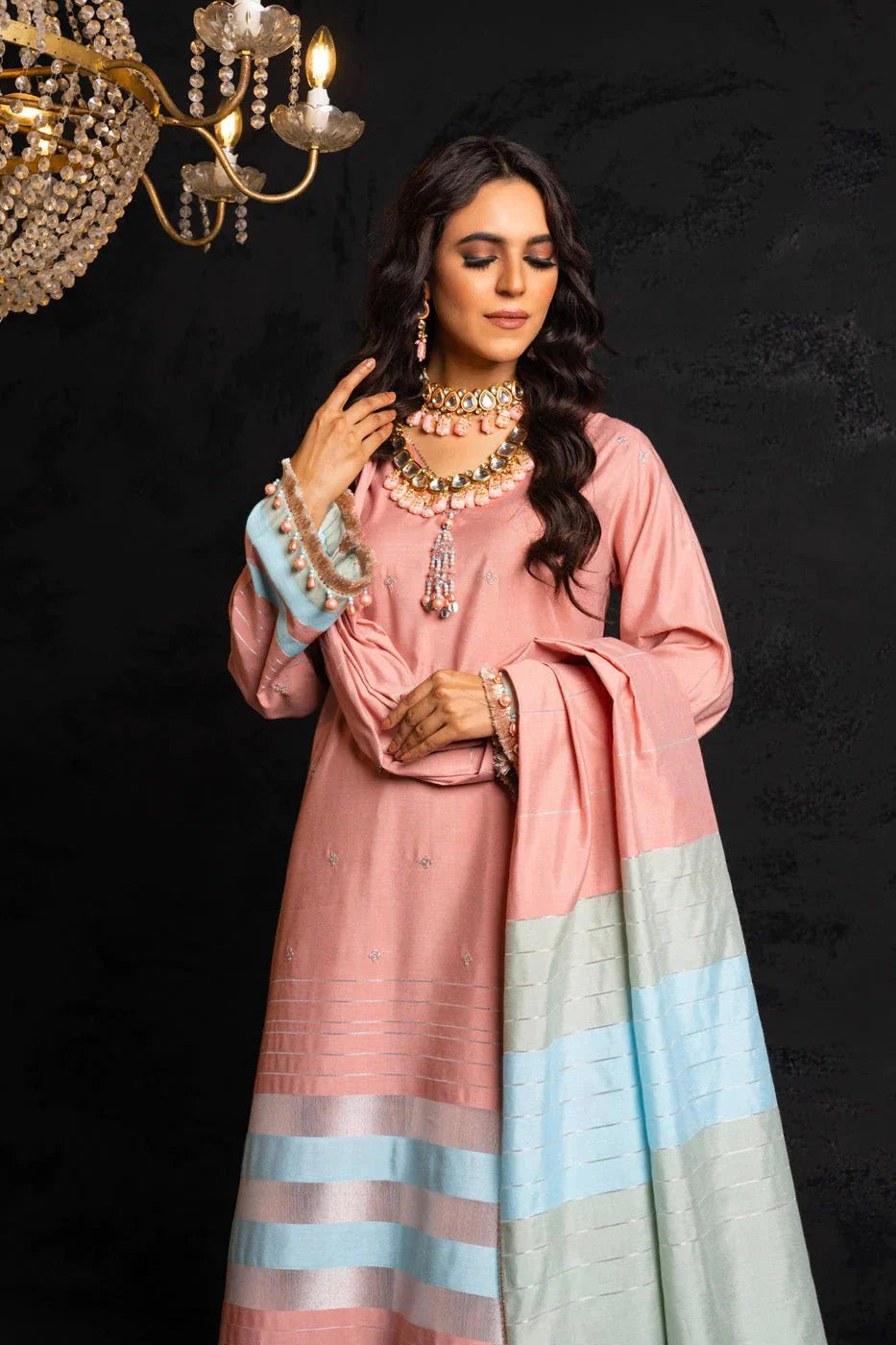 Alkaram | Spring Summer Festive 24 | Embroidered Yarn Dyed Salmon Pink - Official Alkaram - Agha Fabrics UK