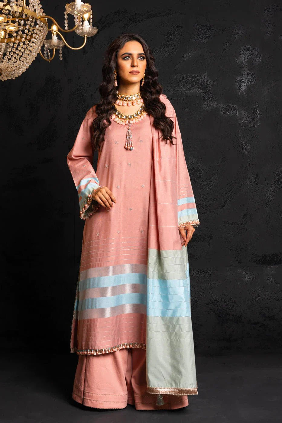 Alkaram | Spring Summer Festive 24 | Embroidered Yarn Dyed Salmon Pink - Official Alkaram - Agha Fabrics UK