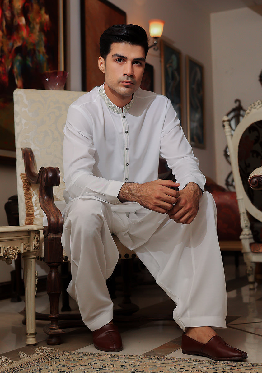 Pakistani Menswear | Amir Adnan - Basic Cotton Silk Cloud Dancer Classic Fit Embroidered Suit