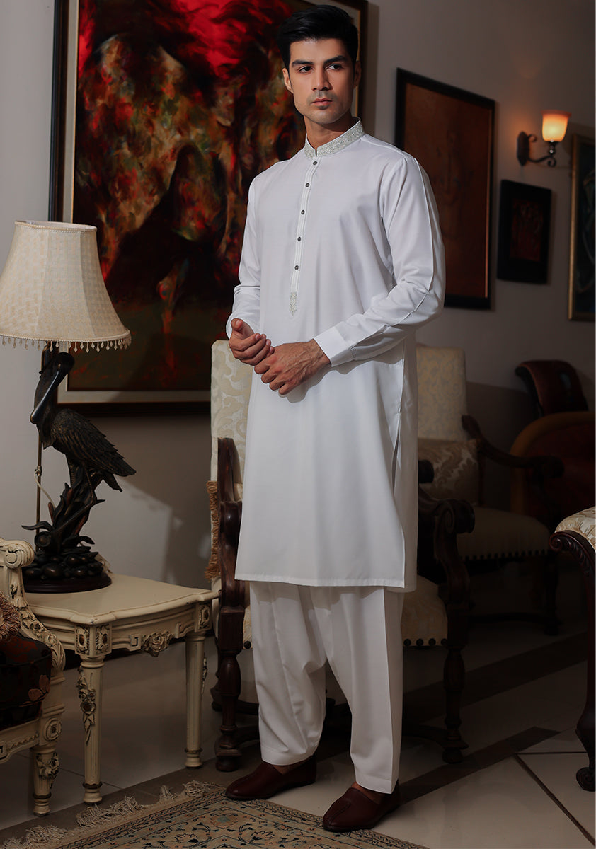 Pakistani Menswear | Amir Adnan - Basic Cotton Silk Cloud Dancer Classic Fit Embroidered Suit