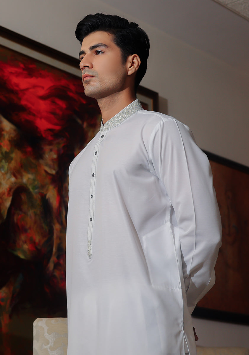 Pakistani Menswear | Amir Adnan - Basic Cotton Silk Cloud Dancer Classic Fit Embroidered Suit