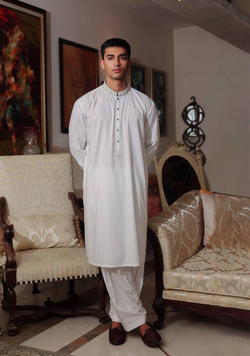Pakistani Menswear | Amir Adnan - Basic Poly Viscose Bright White Classic Fit Embroidered Suit