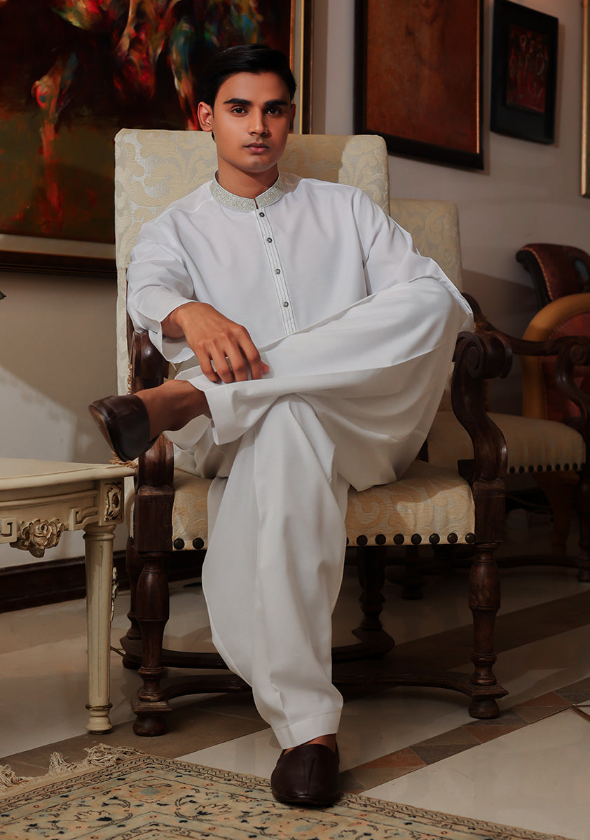 Pakistani Menswear | Amir Adnan - Basic Cotton Silk Cloud Dancer Classic Fit Embroidered Suit