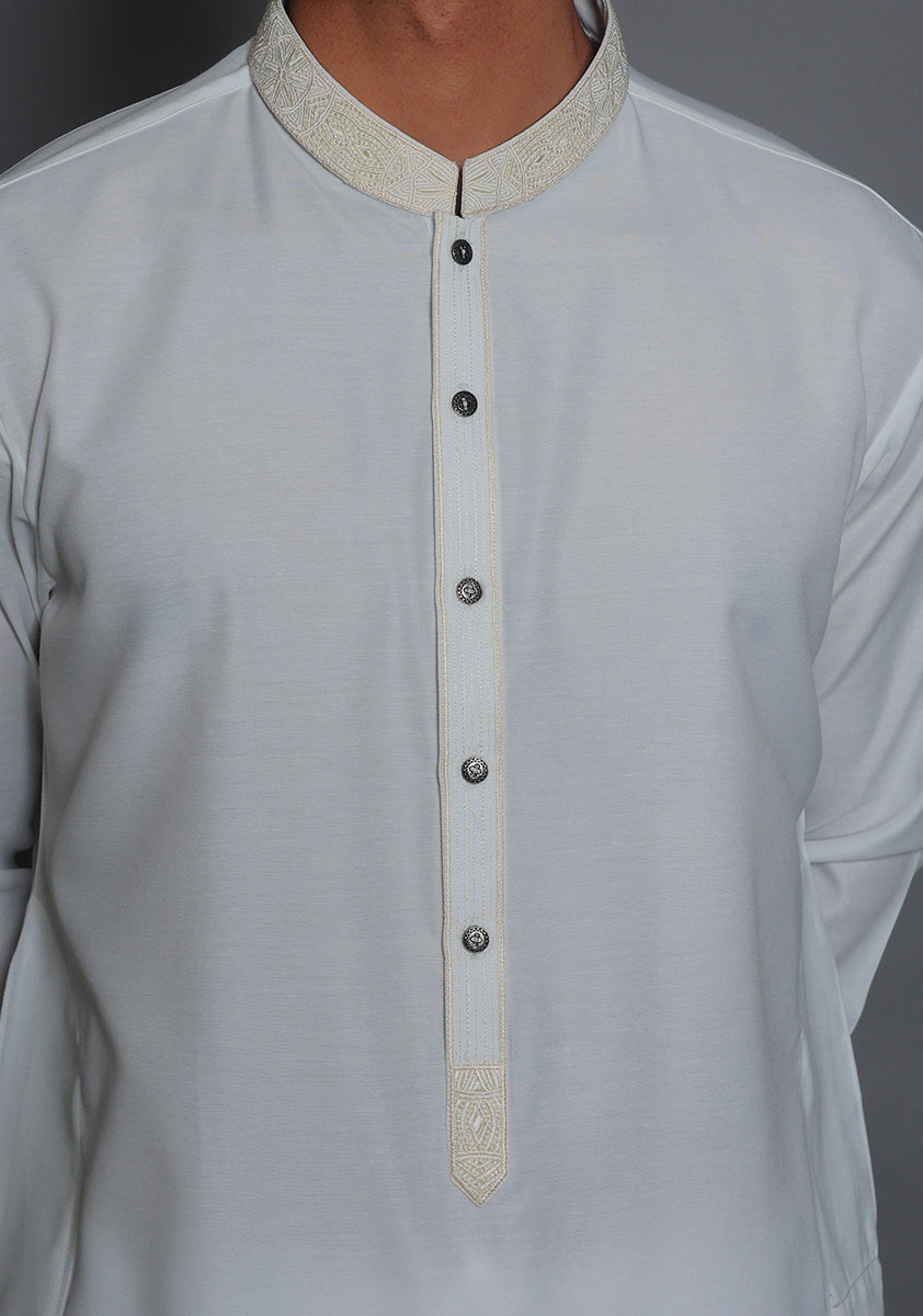 Pakistani Menswear | Amir Adnan - Basic Cotton Silk Cloud Dancer Slim Fit Embroidered Suit