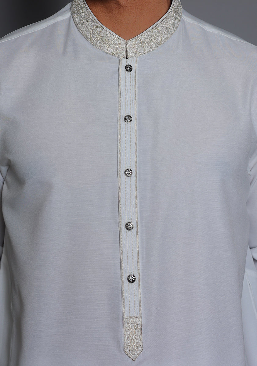 Pakistani Menswear | Amir Adnan - Basic Cotton Silk Cloud Dancer Slim Fit Embroidered Suit