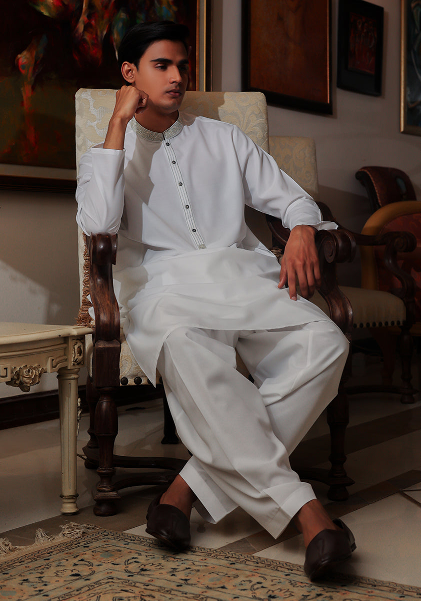 Pakistani Menswear | Amir Adnan - Basic Cotton Silk Cloud Dancer Classic Fit Embroidered Suit