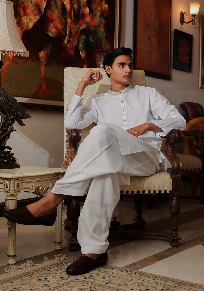 Pakistani Menswear | Amir Adnan - Basic Cotton Silk Cloud Dancer Classic Fit Embroidered Suit