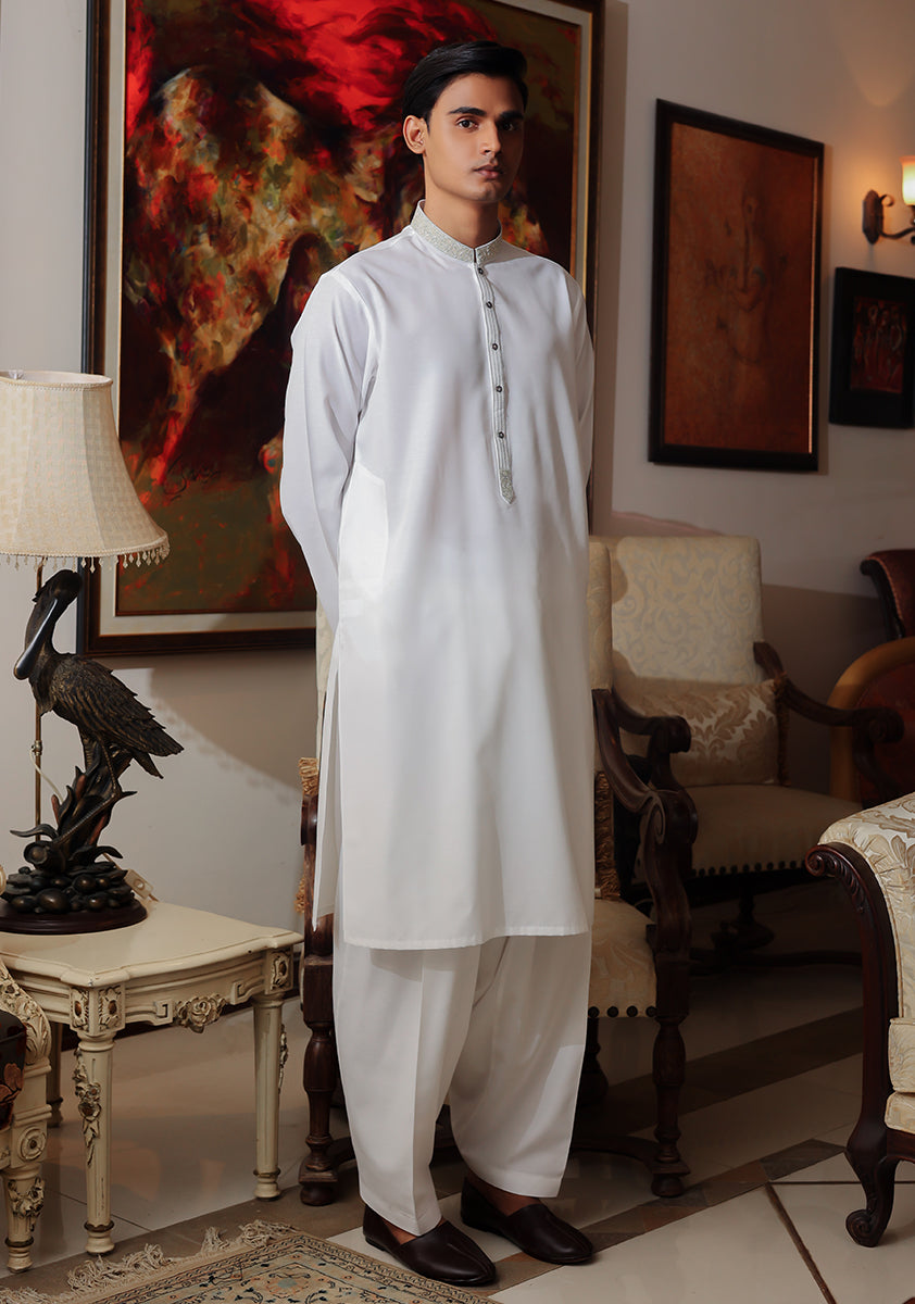 Pakistani Menswear | Amir Adnan - Basic Cotton Silk Cloud Dancer Classic Fit Embroidered Suit