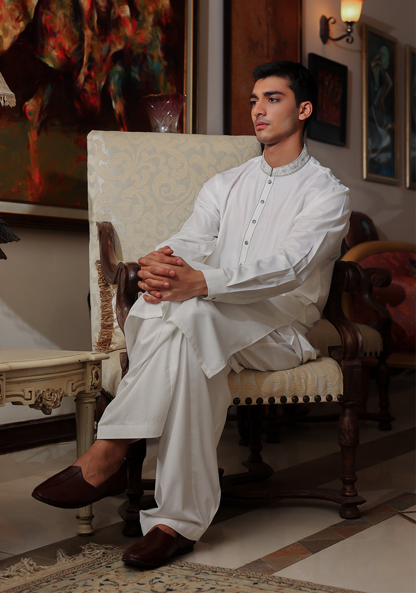 Pakistani Menswear | Amir Adnan - Basic Poly Viscose Bright White Classic Fit Embroidered Suit