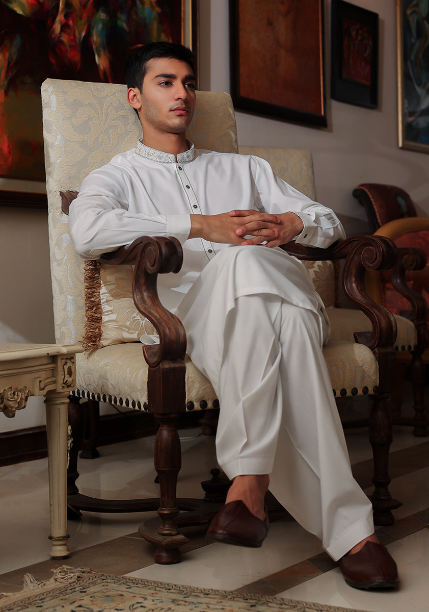 Pakistani Menswear | Amir Adnan - Basic Poly Viscose Bright White Classic Fit Embroidered Suit