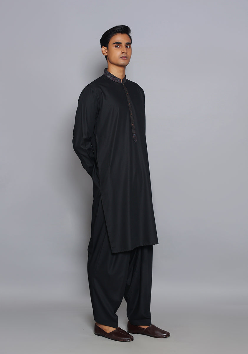 Pakistani Menswear | Amir Adnan - Basic Poly Viscose Pirat Black Classic Fit Embroidered Suit