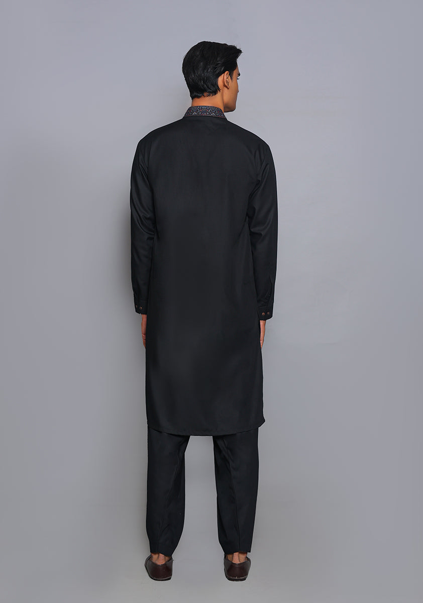 Pakistani Menswear | Amir Adnan - Basic Poly Viscose Pirat Black Classic Fit Embroidered Suit