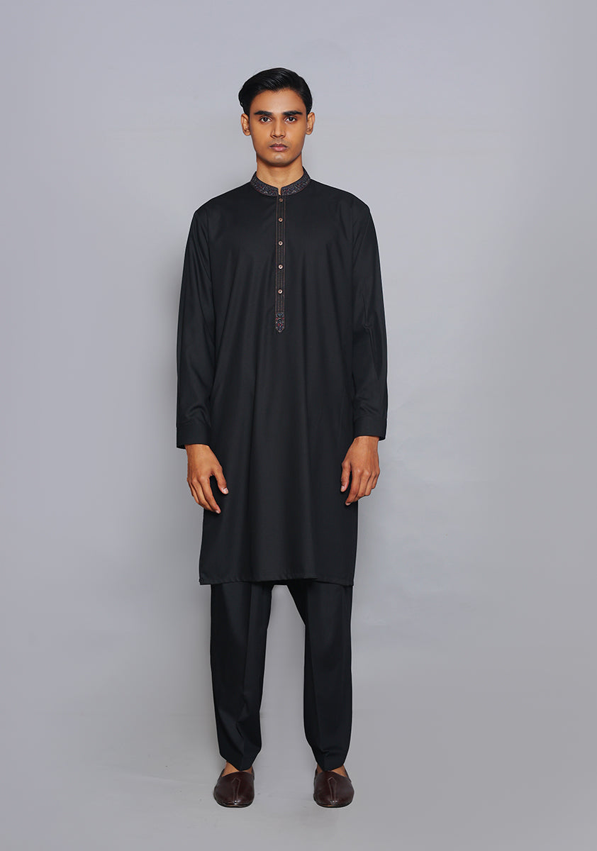 Pakistani Menswear | Amir Adnan - Basic Poly Viscose Pirat Black Classic Fit Embroidered Suit