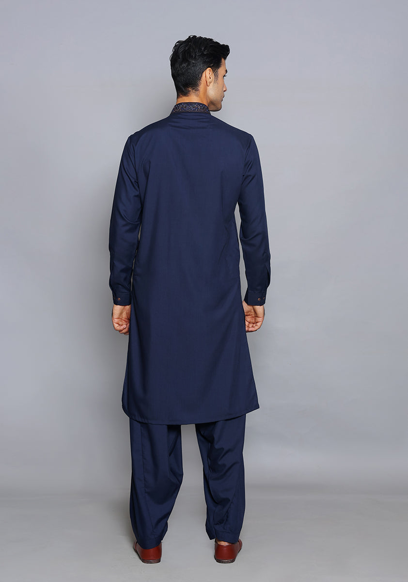 Pakistani Menswear | Amir Adnan - Basic Poly Viscose Navy Blazer Slim Fit Embroidered Suit