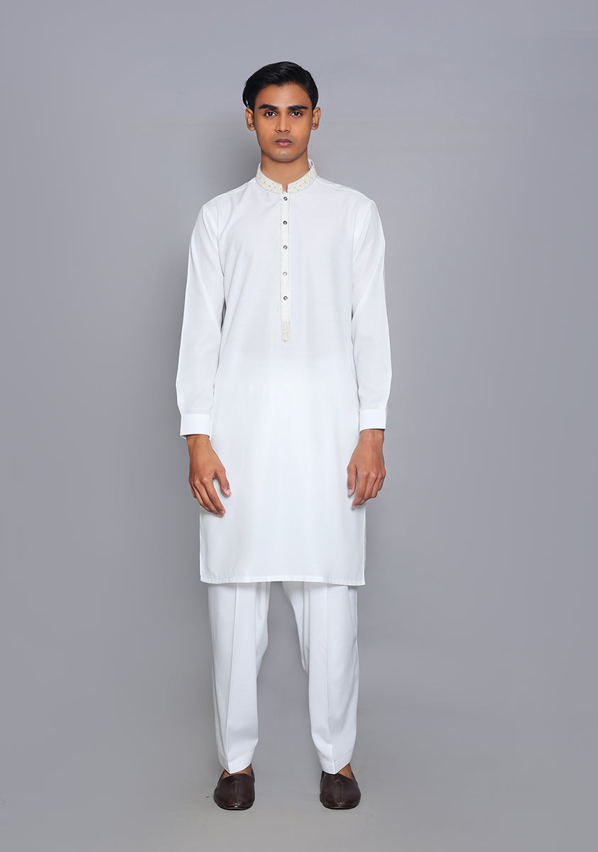 Pakistani Menswear | Amir Adnan - Basic Cotton Silk Cloud Dancer Classic Fit Embroidered Suit