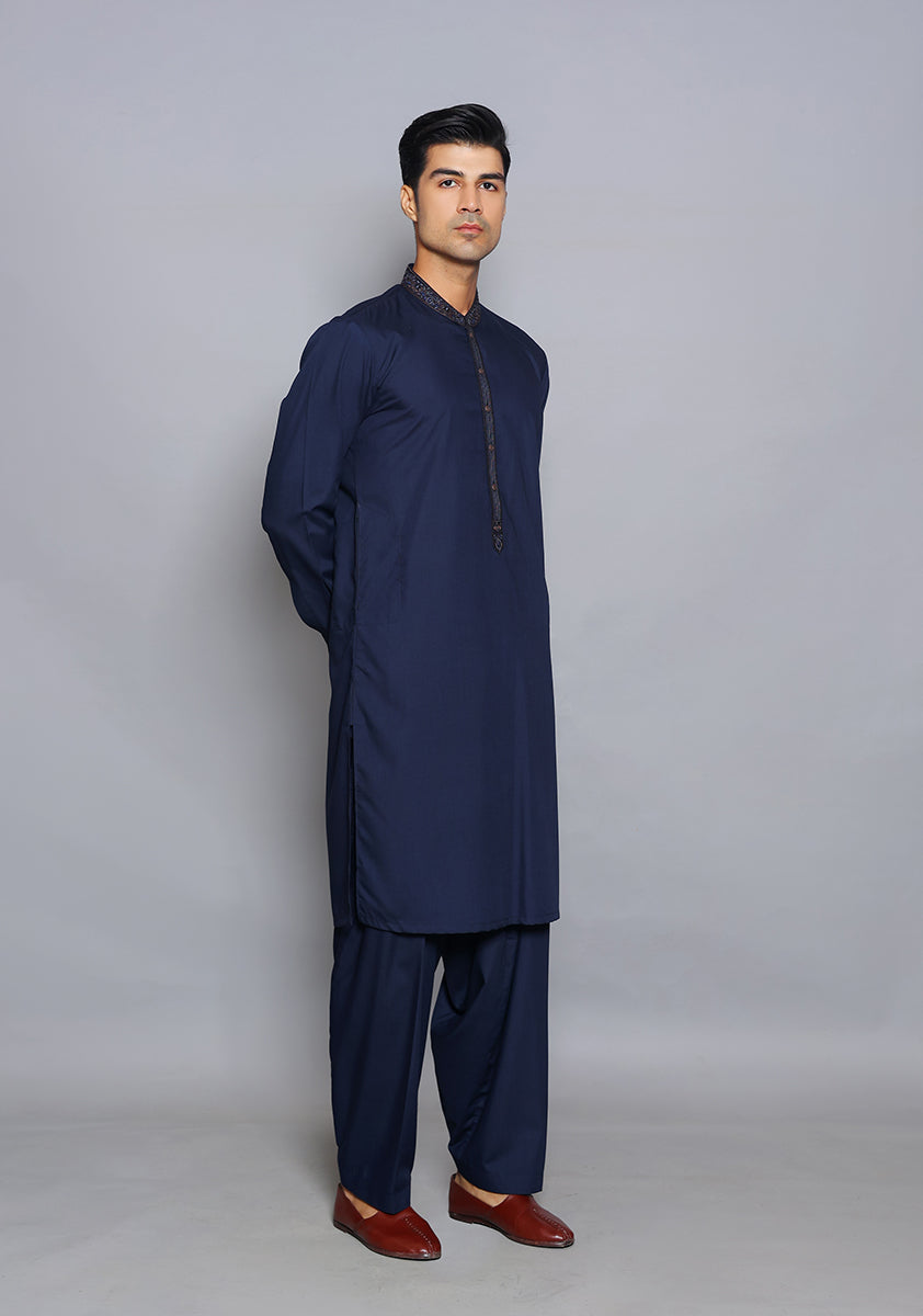 Pakistani Menswear | Amir Adnan - Basic Poly Viscose Navy Blazer Slim Fit Embroidered Suit