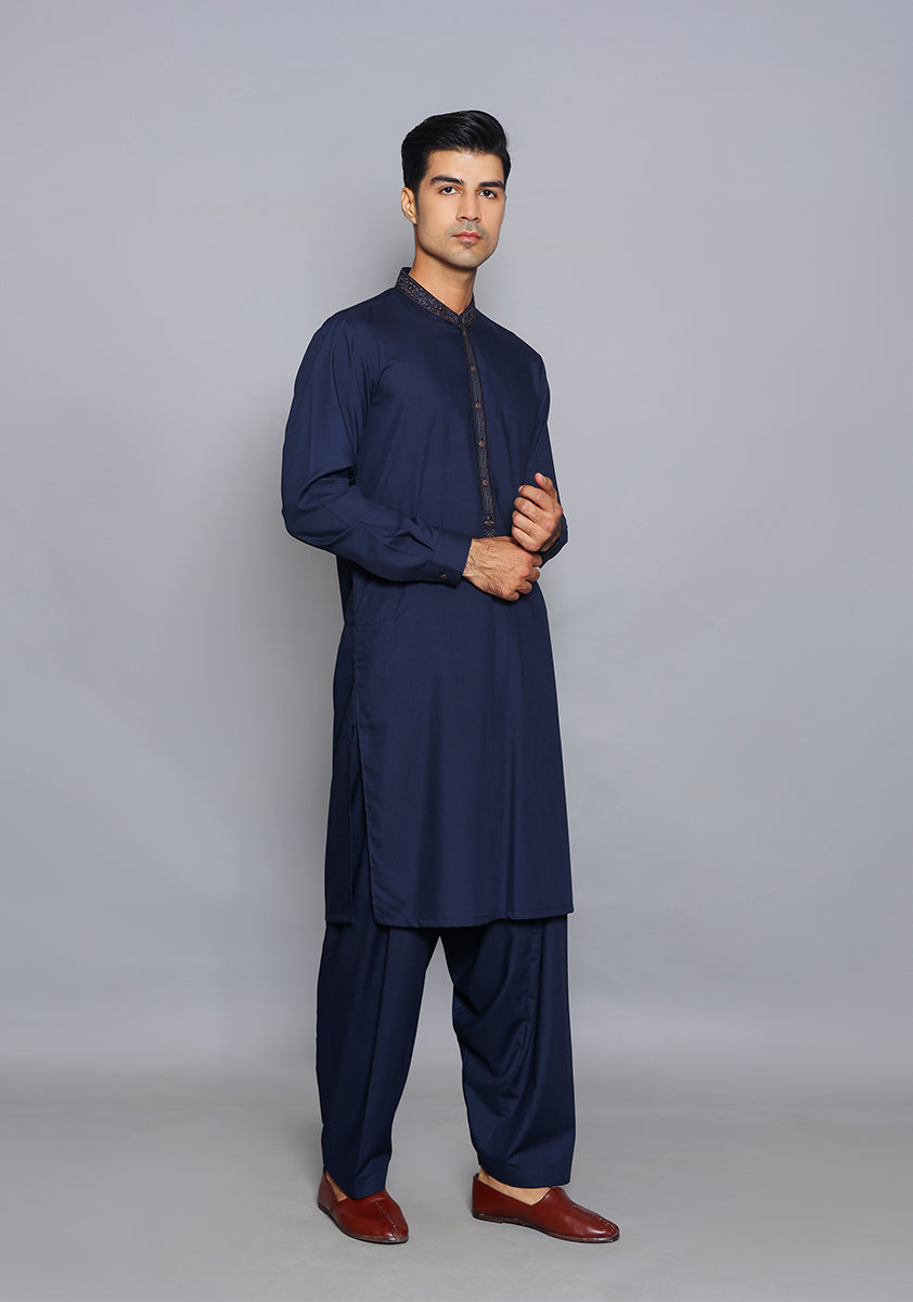 Pakistani Menswear | Amir Adnan - Basic Poly Viscose Navy Blazer Slim Fit Embroidered Suit