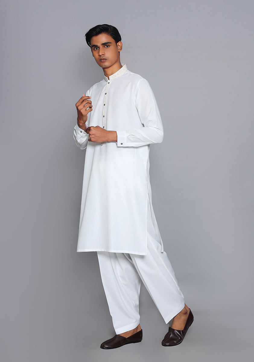 Pakistani Menswear | Amir Adnan - Basic Cotton Silk Cloud Dancer Classic Fit Embroidered Suit