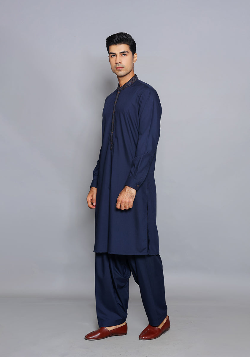 Pakistani Menswear | Amir Adnan - Basic Poly Viscose Navy Blazer Slim Fit Embroidered Suit