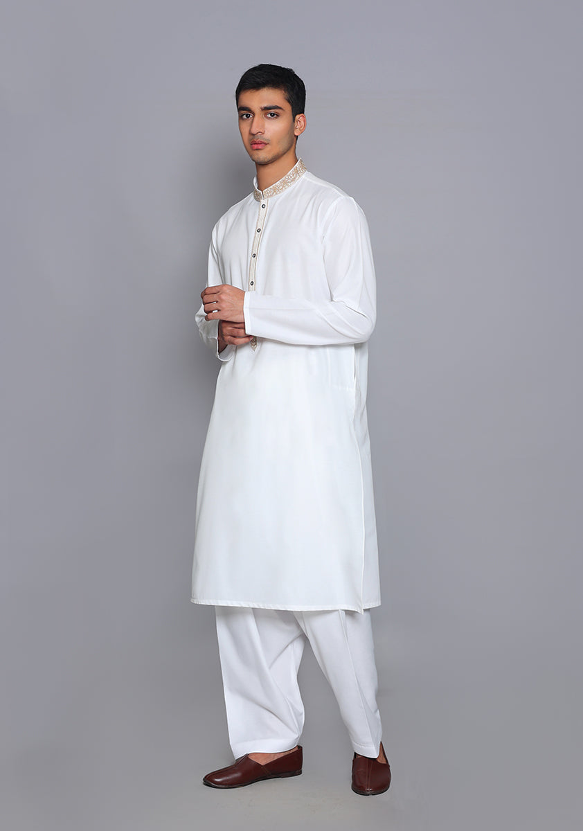 Pakistani Menswear | Amir Adnan - Basic Cotton Silk Cloud Dancer Classic Fit Embroidered Suit