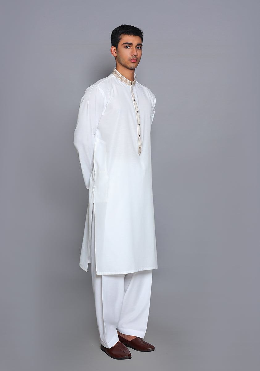 Pakistani Menswear | Amir Adnan - Basic Cotton Silk Cloud Dancer Classic Fit Embroidered Suit