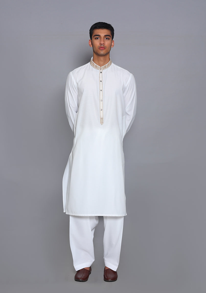 Pakistani Menswear | Amir Adnan - Basic Cotton Silk Cloud Dancer Classic Fit Embroidered Suit