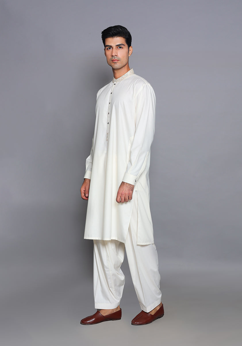 Pakistani Menswear | Amir Adnan - Basic Poly Viscose Snow White Classic Fit Embroidered Suit