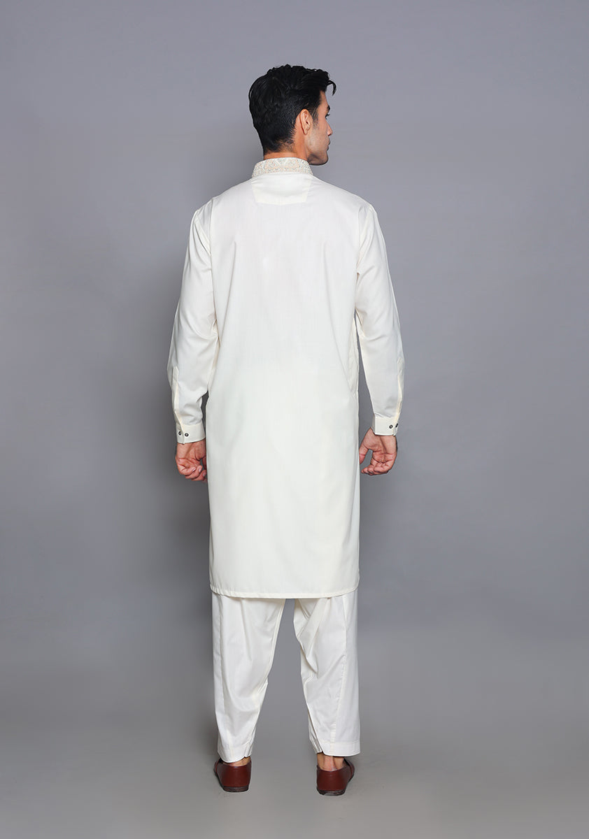 Pakistani Menswear | Amir Adnan - Basic Poly Viscose Snow White Classic Fit Embroidered Suit