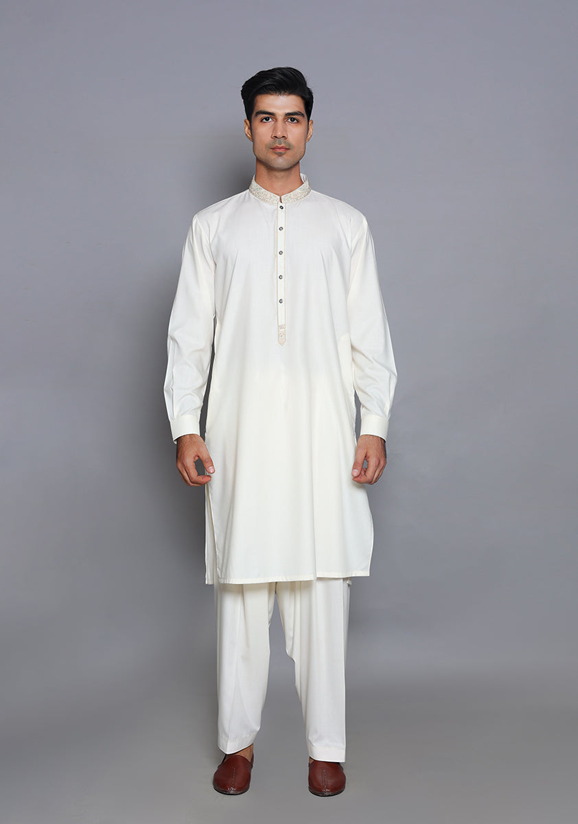 Pakistani Menswear | Amir Adnan - Basic Poly Viscose Snow White Classic Fit Embroidered Suit