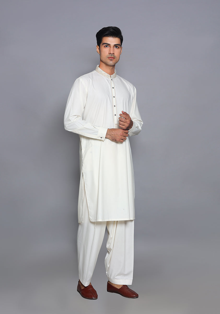 Pakistani Menswear | Amir Adnan - Basic Poly Viscose Snow White Classic Fit Embroidered Suit