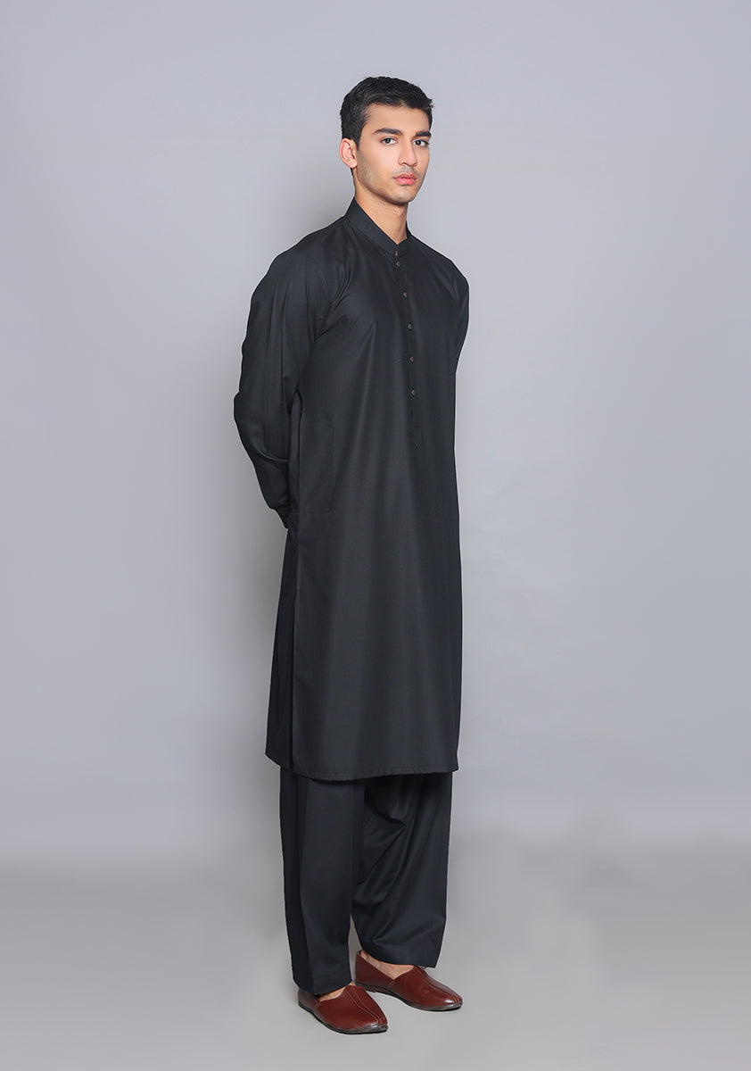 Pakistani Menswear | Amir Adnan - Basic Poly Viscose Pirat Black Slim Fit Plain Suit