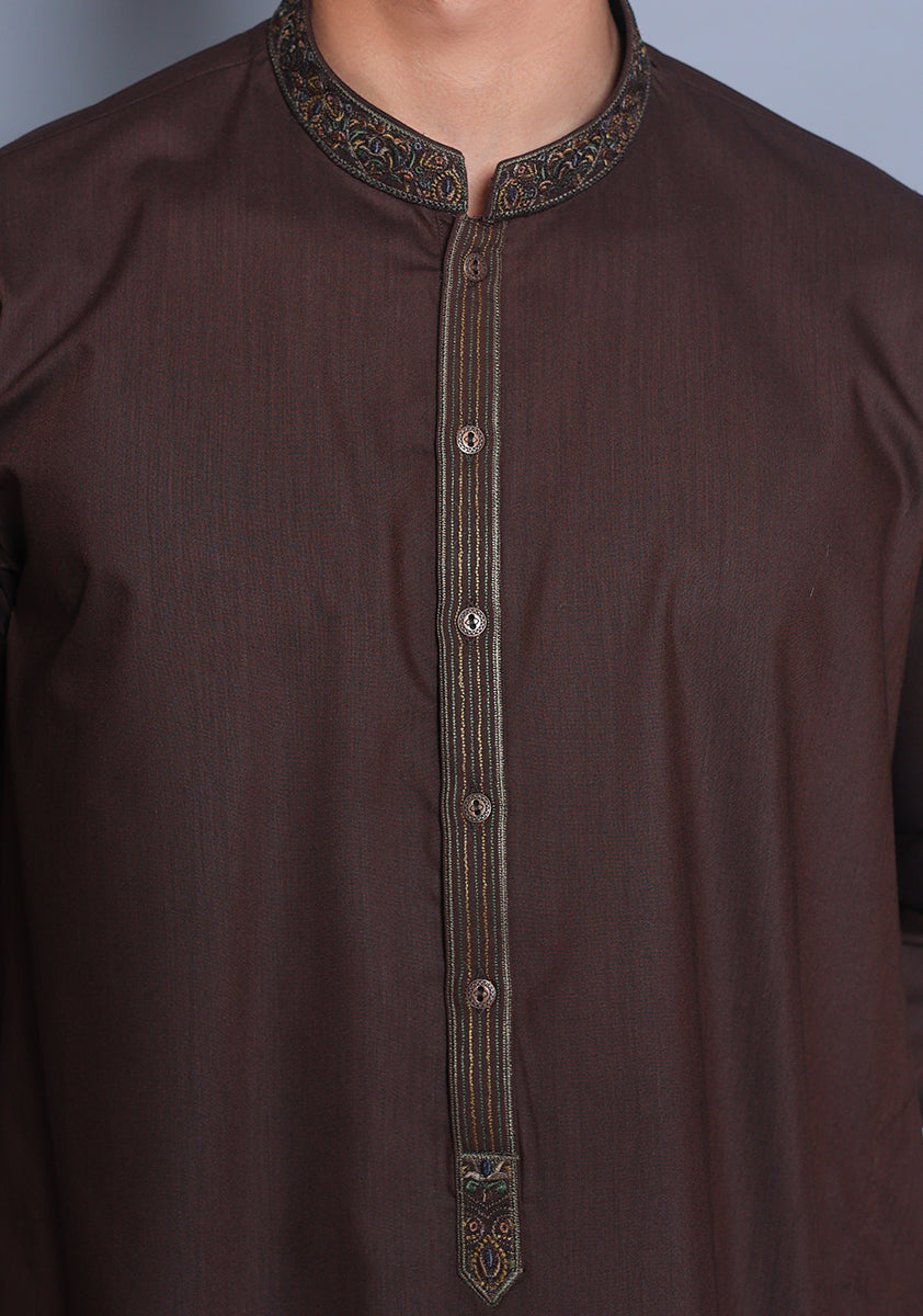 Pakistani Menswear | Amir Adnan - Basic Poly Viscose Wren Classic Fit Embroidered Suit