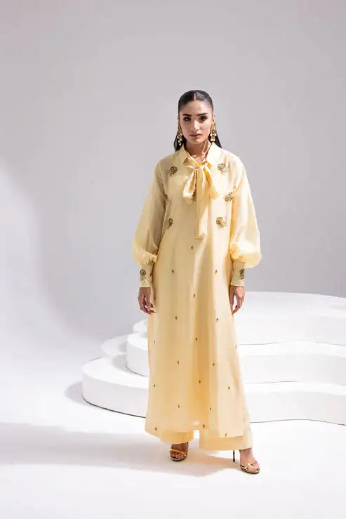 Amani | Aira Festive Wear | ALARA- Hand Embellished Butter Silk Shirt with Wide-Leg Trousers - Official Amani - Agha Fabrics UK