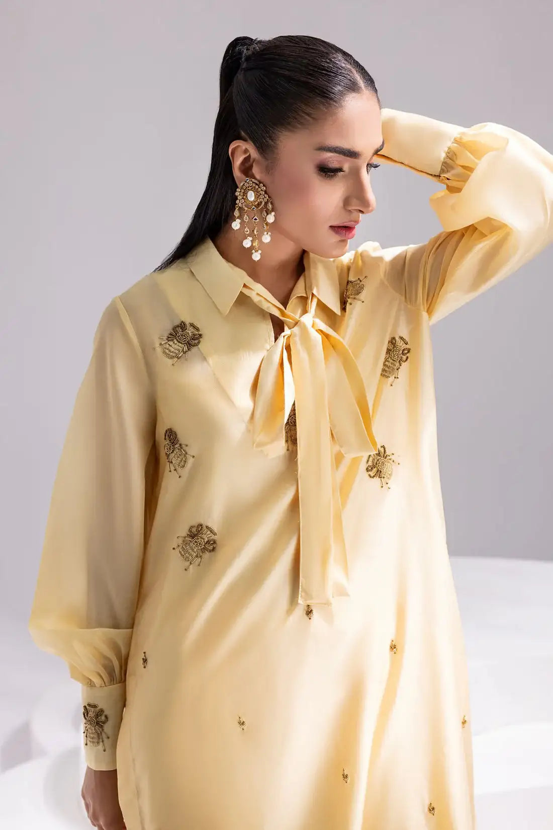 Amani | Aira Festive Wear | ALARA- Hand Embellished Butter Silk Shirt with Wide-Leg Trousers - Official Amani - Agha Fabrics UK