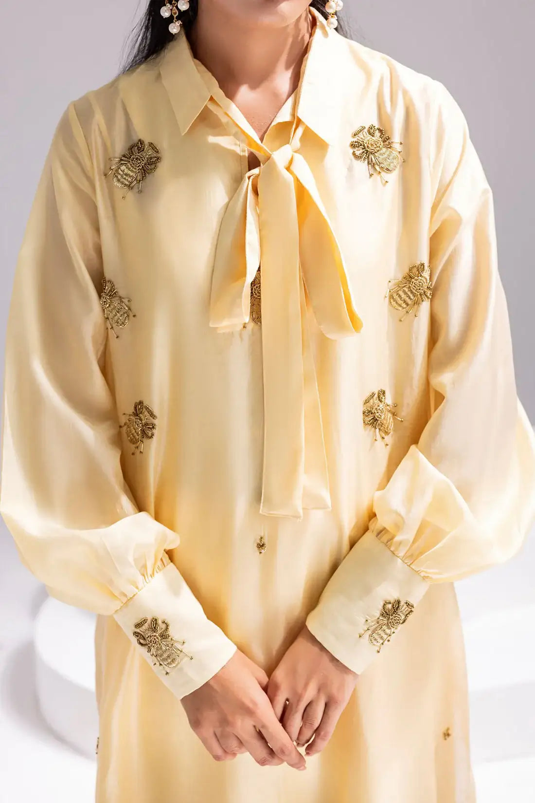Amani | Aira Festive Wear | ALARA- Hand Embellished Butter Silk Shirt with Wide-Leg Trousers - Official Amani - Agha Fabrics UK