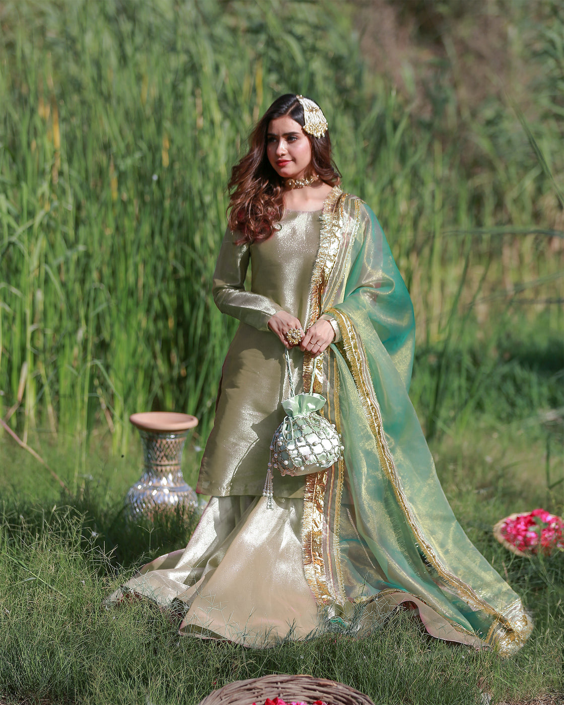 Zar | Gharara Formals | Gold/Green - Official Zar - Agha Fabrics UK