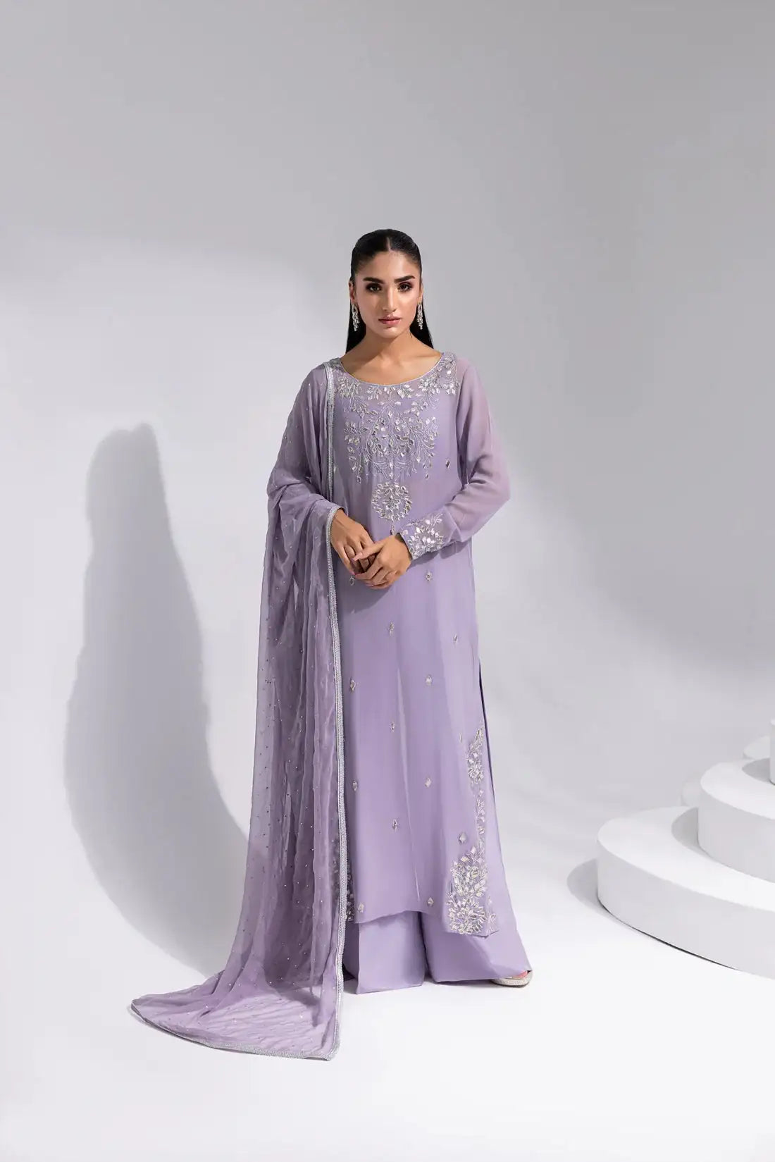 Amani | Aira Festive Wear | ZARIN ÃÂ¢- Gota Embellished Georgette Shirt with Wide-Leg Pants &amp; Mukesh Dupatta - Official Amani - Agha Fabrics UK