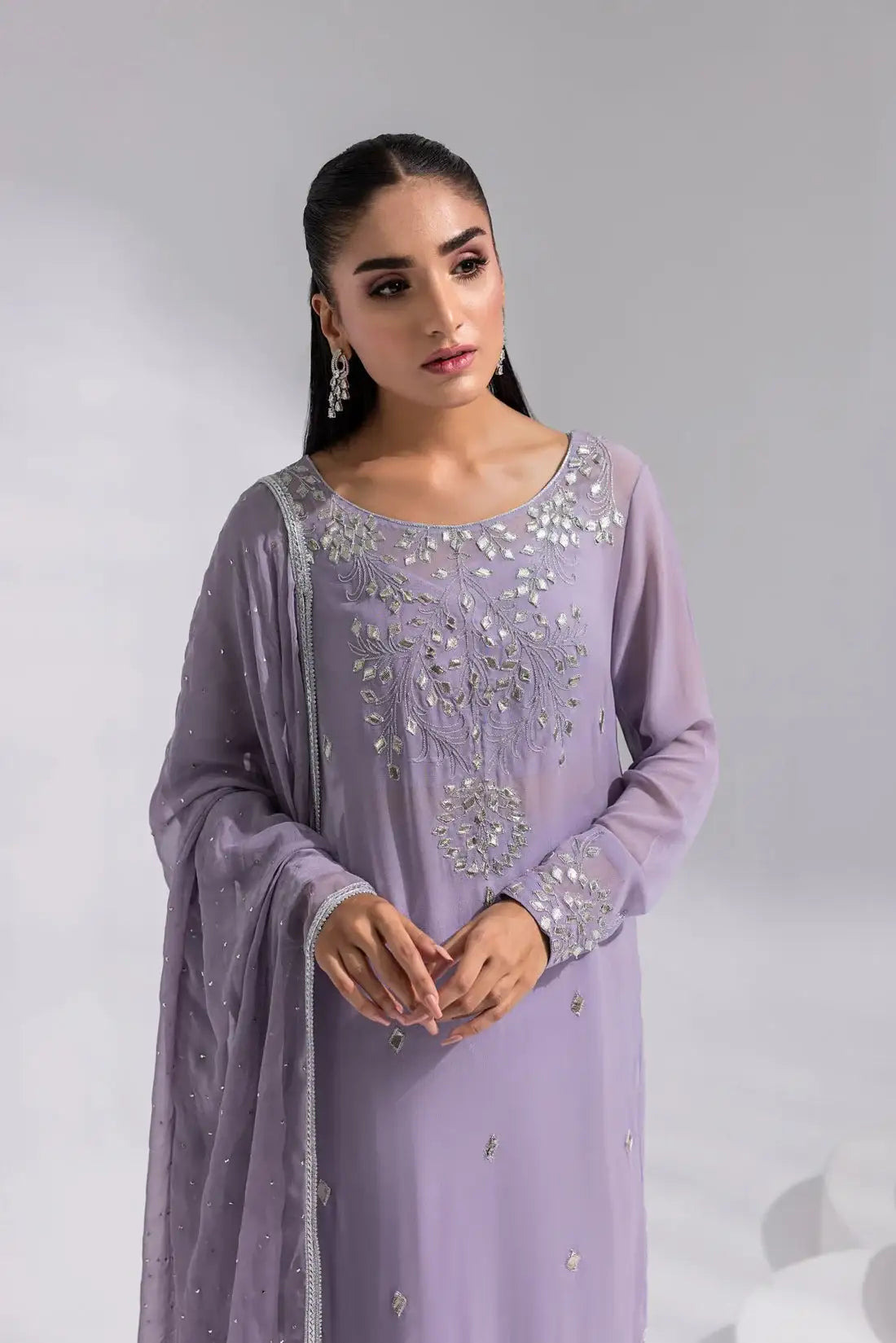 Amani | Aira Festive Wear | ZARIN ÃÂ¢- Gota Embellished Georgette Shirt with Wide-Leg Pants &amp; Mukesh Dupatta - Official Amani - Agha Fabrics UK