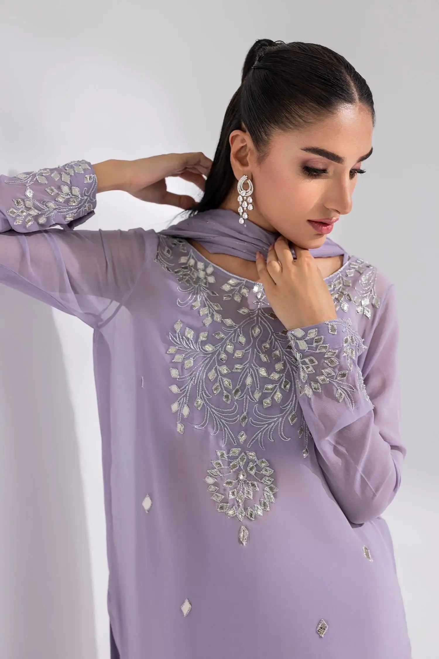 Amani | Aira Festive Wear | ZARIN ÃÂ¢- Gota Embellished Georgette Shirt with Wide-Leg Pants &amp; Mukesh Dupatta - Official Amani - Agha Fabrics UK